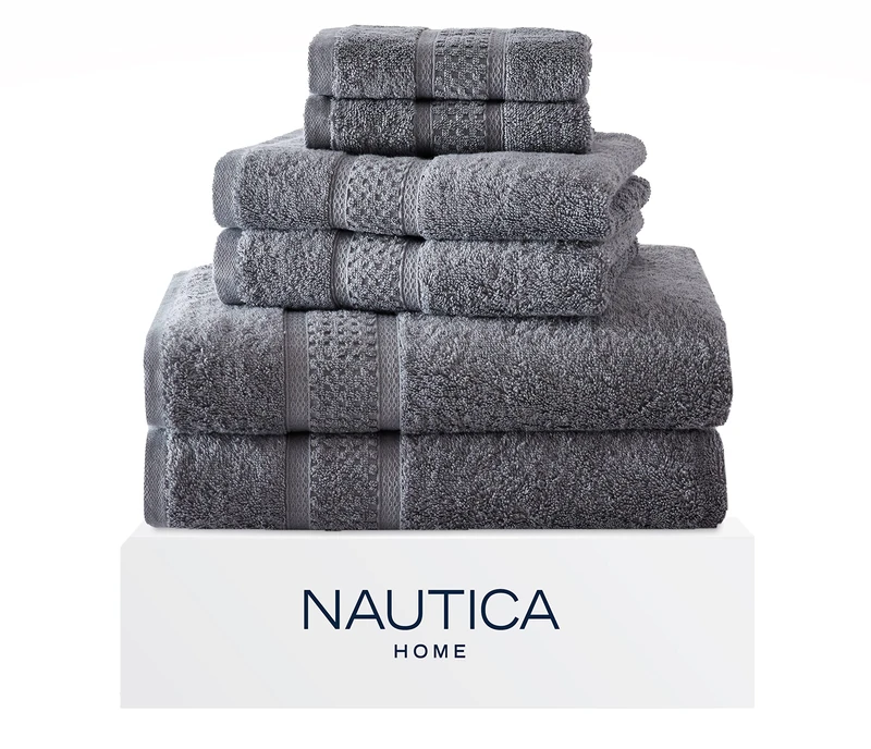Nautica - Bath Towels, 100% Soft & Absorbent Cotton Towels, Fade Resistant and Zero Twist Construction, Medium Weight Bathroom Towels (Oceane Grey, 6 Piece)