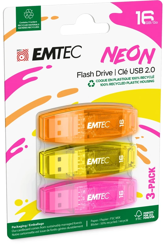 Emtec C410 16GB USB Flash Drive USB 2.0 Transparent Neon - Pack of 3 (Orange Yellow Rose)