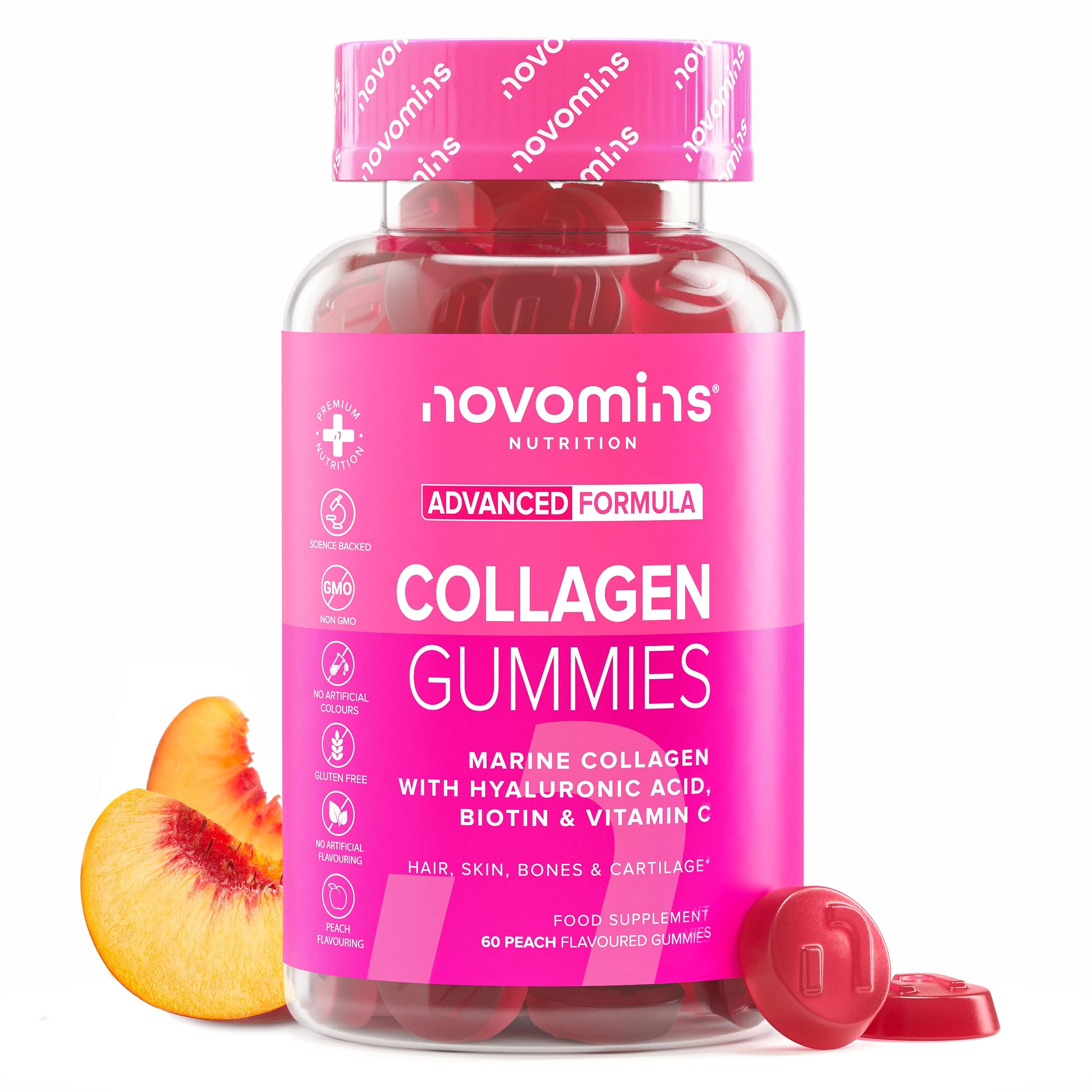 Collagen Gummies - Collagen Peptides with Hyaluronic Acid, Vitamin C & Biotin - Collagen Supplements for Women & Men - More Convenient Than Collagen Powder - 60 Marine Collagen Gummies - Novomins