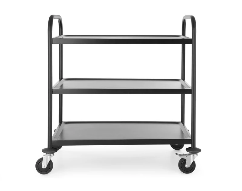 HENDI Serving trolley, for tableware, kitchen trolley, 4 castors, of which 2 with brakes, 3 shelves, max. load per tray 50 kg, 910x590x(H)950mm, worktop 830x510 mm, stainless steel, matt black