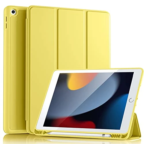 Vobafe Case for iPad 9th 8th 7th Generation 10.2 Inch Case (2021/2020/2019 Model, iPad 9/8/7), Flexible TPU Back Cover, with Pencil Holder, Auto Wake/Sleep, Yellow