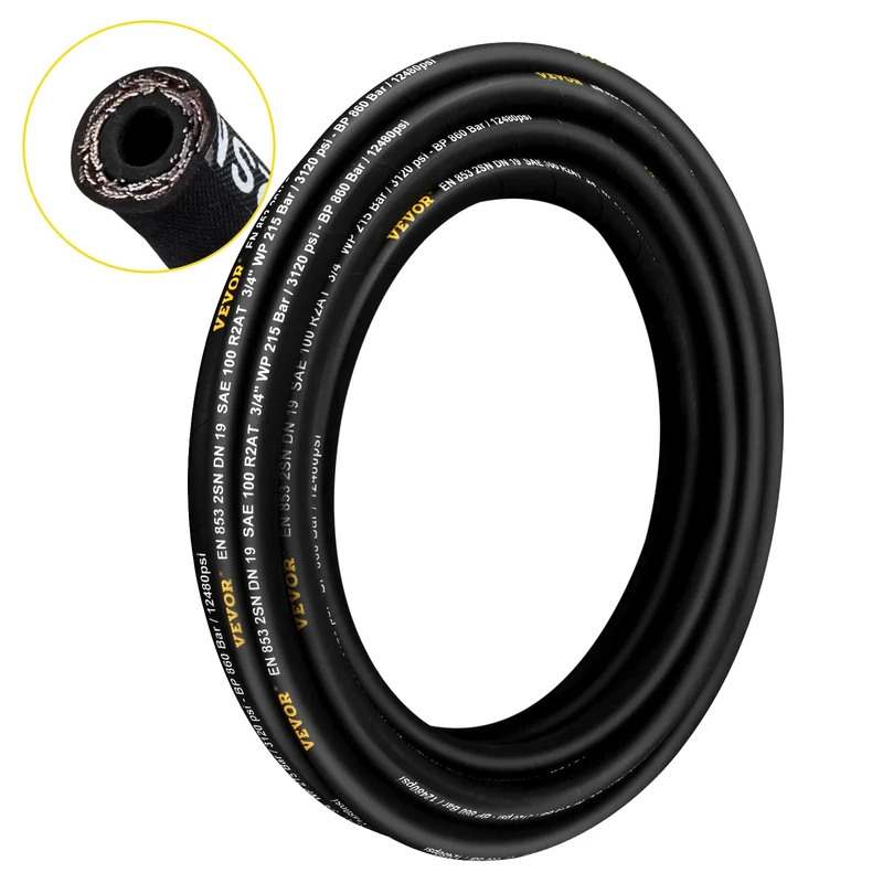 VEVOR Hydraulic Hose 1/4 inch x 328 ft, Coiled Hydraulic Hose 5800 PSI, Rubber Hydraulic Hose with 2 High-Tensile Steel Wire Braid, Bulk Hydraulic Hose -20℃ to 140℃, Hydraulic Oil Flexible Hose