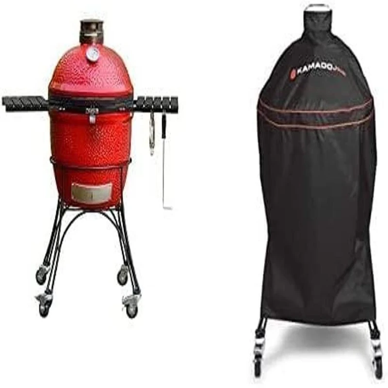 Kamado Joe KJ23RHC Classic II Charcoal Grill, Blaze Red & KJ-GC23BWFS Classic Joe Cover Grill, Black, 52.0 in*49.0 in*49.0 in