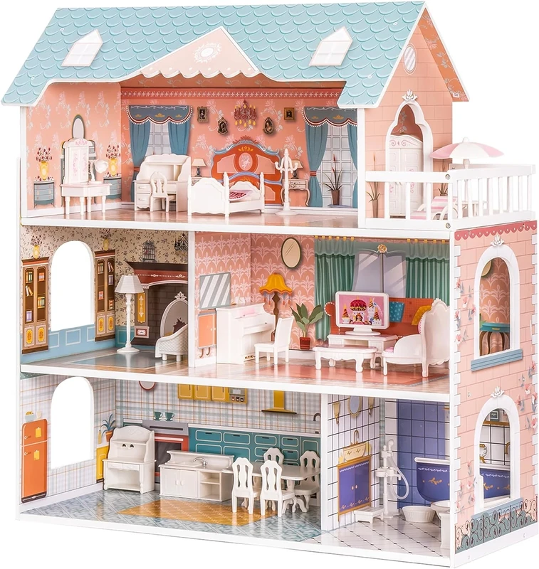 ROBUD Wooden Doll House with Accessories and Furniture for Little Girls Toy Gift for 3 4 5 6 Years Old Kids