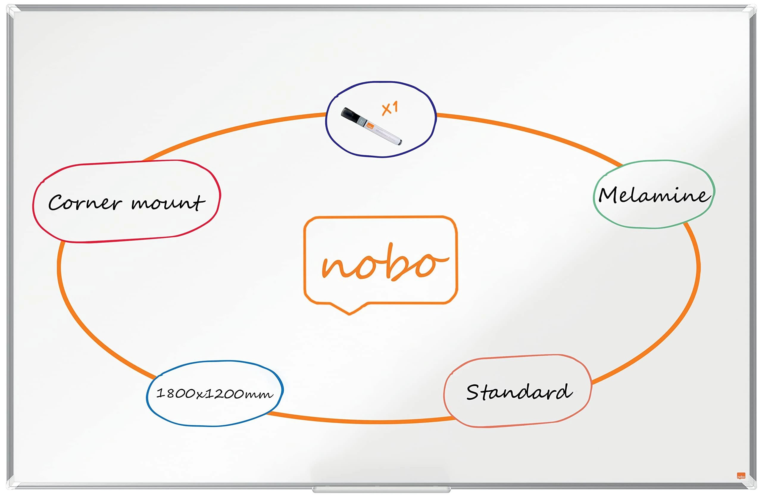 Nobo Melamine Whiteboard, Non-Magnetic, 1800 x 1200mm, Aluminium Trim, Corner Wall Mounting, Includes Whiteboard Pen, Premium Plus, 180 x 120cm, White, 1915171