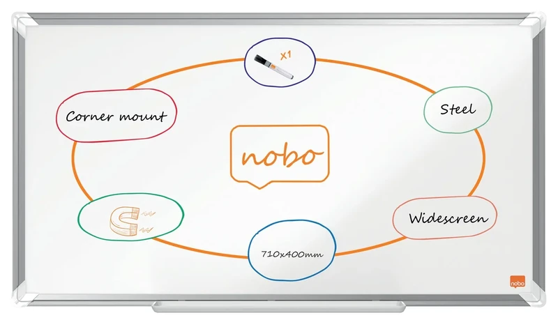 Nobo Premium Plus Widescreen Steel Magnetic Whiteboard – 710x400mm, Aluminium Trim, EU Ecolabel Certified, 1915370