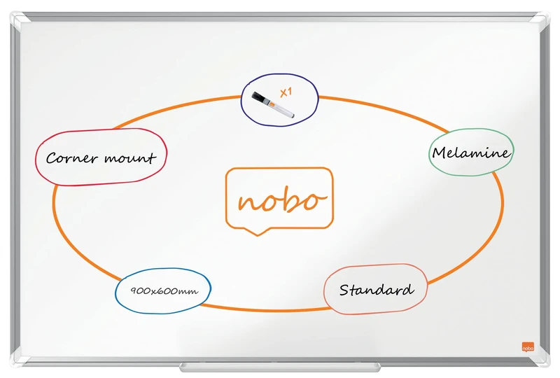 Nobo Melamine Whiteboard, Non-Magnetic, 900 x 600mm, Aluminium Trim, Corner Wall Mounting, Includes Whiteboard Pen, Premium Plus, 90 x 60cm, White, 1915167