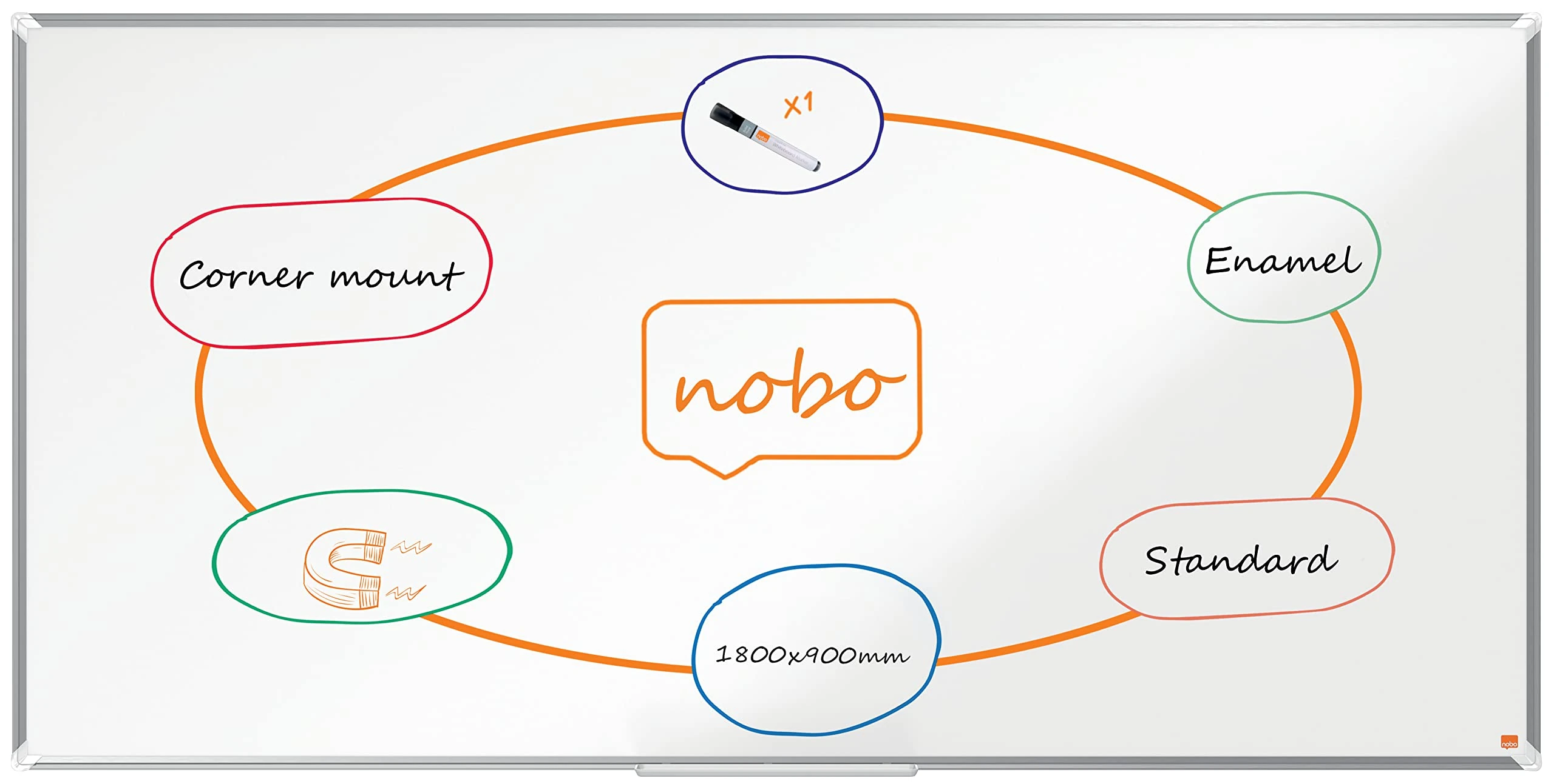 Nobo Premium Plus Enamel Magnetic Whiteboard – 1800x900mm, Aluminium Trim, EU Ecolabel Certified, 1915148