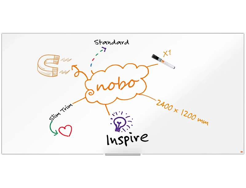 Nobo Magnetic Steel Whiteboard With Pen Tray, 2400 x 1200mm, Slim Trim Frame, InvisaMount Mounting System, Impression Pro, 240 x 120cm, White,1915408