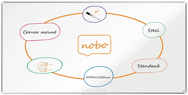 Nobo Premium Plus Steel Magnetic Whiteboard – 2400x1200mm, Aluminium Trim, EU Ecolabel Certified, 1915163