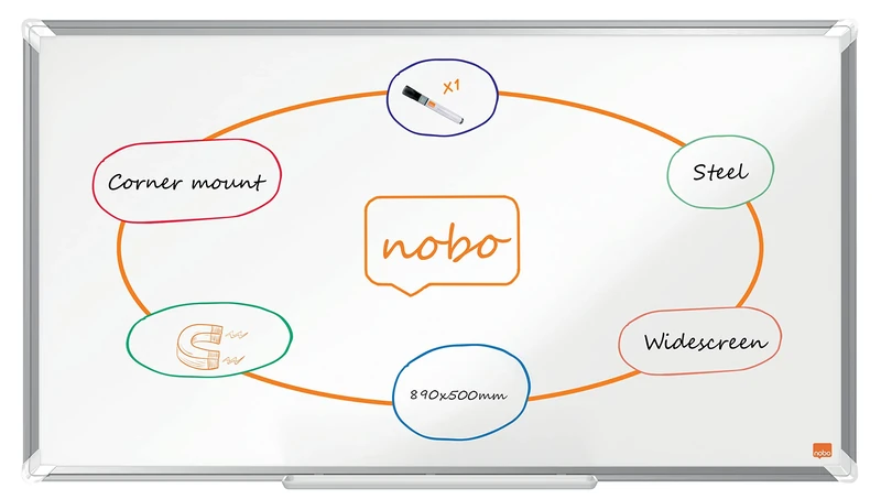 Nobo Premium Plus Widescreen Steel Magnetic Whiteboard – 890x500mm, Aluminium Trim, EU Ecolabel Certified, 1915371