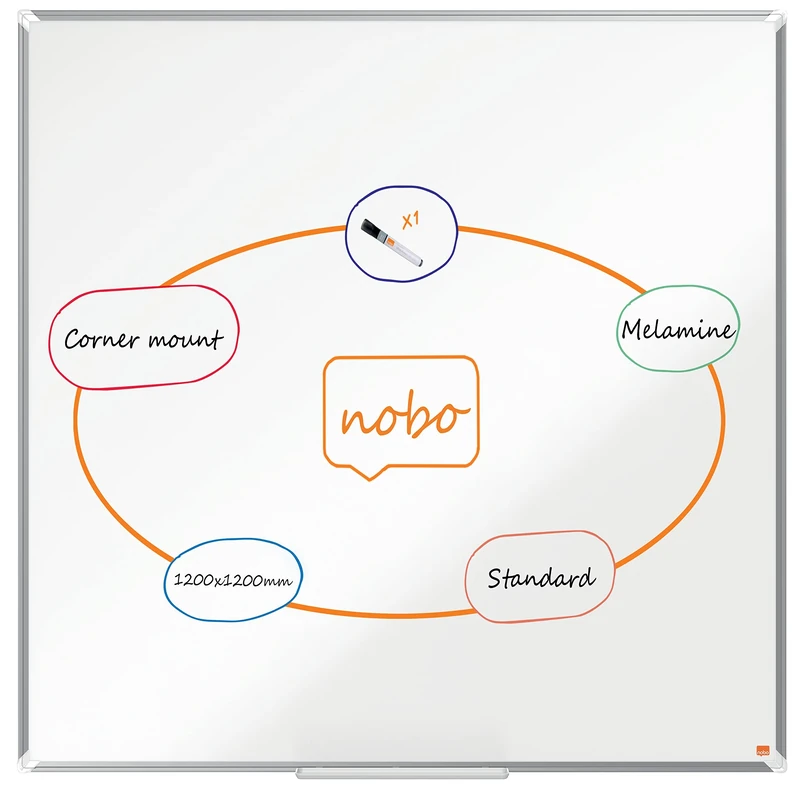 Nobo Melamine Whiteboard, Non-Magnetic, 1200 x 1200mm, Aluminium Trim, Corner Wall Mounting, Includes Whiteboard Pen, Premium Plus, 120 x 120cm, White, 1915169