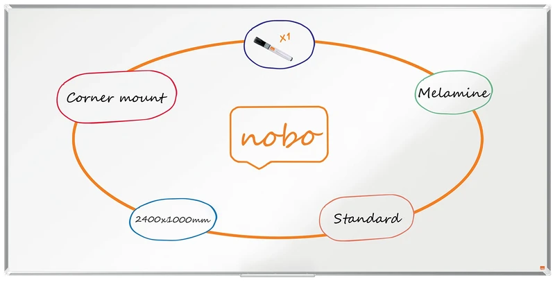 Nobo Melamine Whiteboard, Non-Magnetic, 2400 x 1200 mm, Aluminium Trim, Corner Wall Mounting, Includes Whiteboard Pen, Premium Plus, White, 1915174