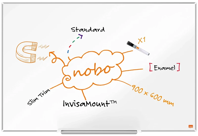 Nobo Enamel Magnetic Whiteboard With Pen Tray, 900 x 600mm, Slim Trim Frame, InvisaMount Mounting System, Impression Pro, 90 x 60cm, White, 1915395