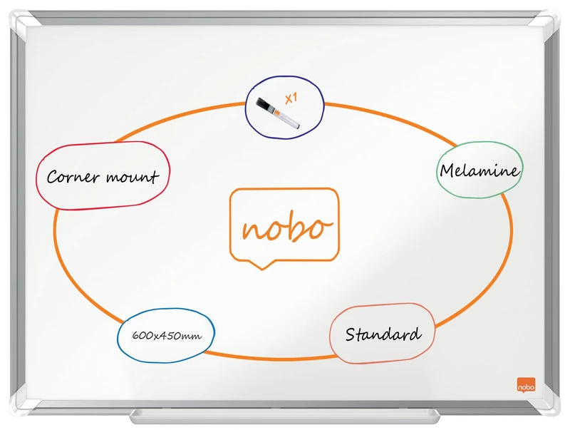 Nobo Melamine Whiteboard, Non-Magnetic, 600 x 450mm, Aluminium Trim, Corner Wall Mounting, Includes Whiteboard Pen, Premium Plus, 60 x 45cm, White, 1915166