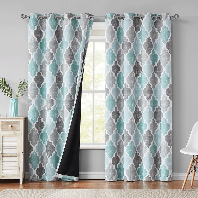 Beauoop Moroccan 100% Blackout Curtains Bedroom Aqua Grey 50x96 2 Panels