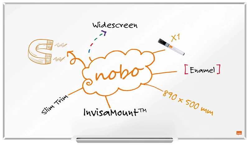 Nobo Widescreen Enamel Magnetic Whiteboard With Pen Tray, 890 x 500mm, Slim Trim Frame, InvisaMount Mounting System, Impression Pro, 89 x 50cm, White, 1915249