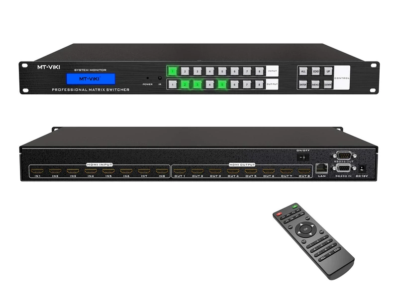 MT-VIKI 4K HDMI Matrix Switch 8x8, 4K@30Hz Rack Mount Switcher & Splitter with Backlit RS232 LAN Port and EDID, Using US ADI Chip (8 in 8 Out)