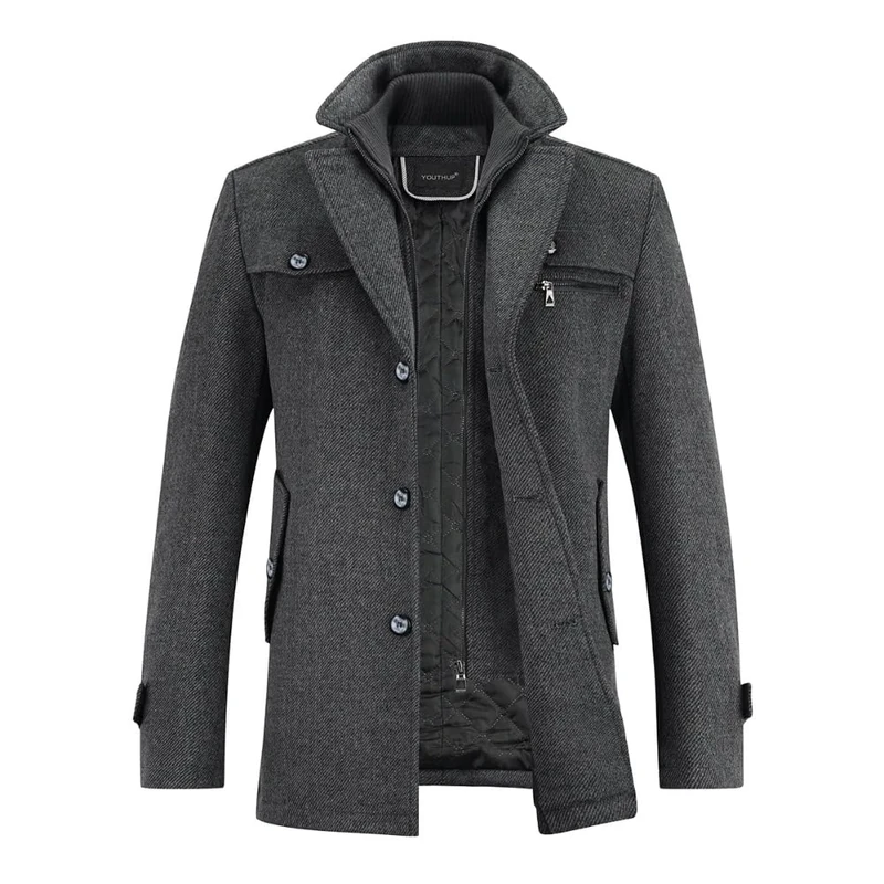 YOUTHUP Mens Winter Wool Coat Hip-Length Thick Trench Coats Padded Warm Peacoat Casual Outwear, Dark Grey, L