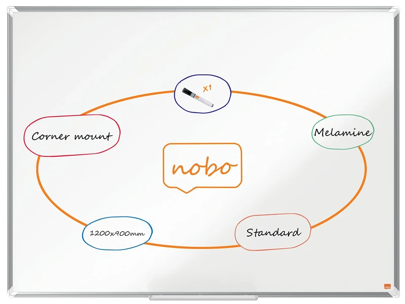 Nobo Melamine Whiteboard, Non-Magnetic, 1200 x 900mm, Aluminium Trim, Corner Wall Mounting, Includes Whiteboard Pen, Premium Plus, 120 x 90cm, White, 1915168
