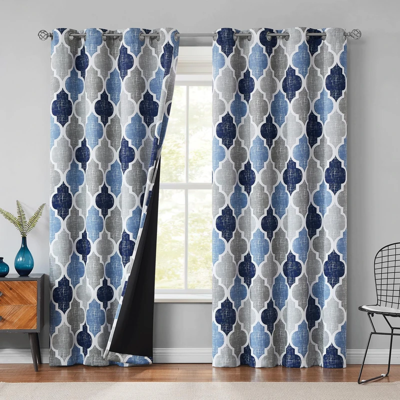 Beauoop Moroccan 100% Blackout Curtains Bedroom Blue Grey 50x96 2 Panels