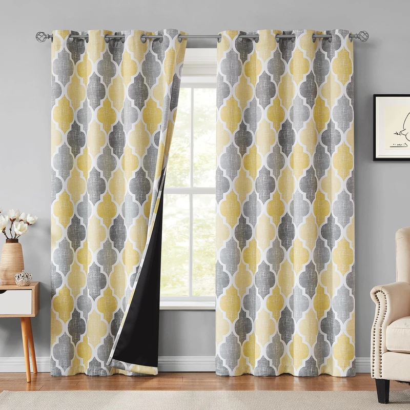 Beauoop Moroccan 100% Blackout Curtains Bedroom Yellow Grey 50x84 2 Panels