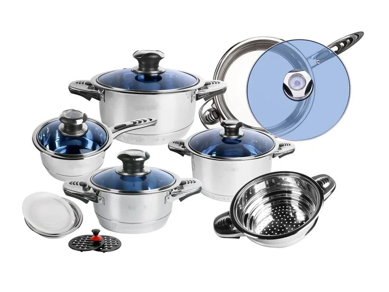 ROYALTY LINE, 16-Piece Stainless Steel Cookware Set, Frying Pan, Saucepans with Glass Lids + Accessories, Compatible with All Heat Sources, Silver