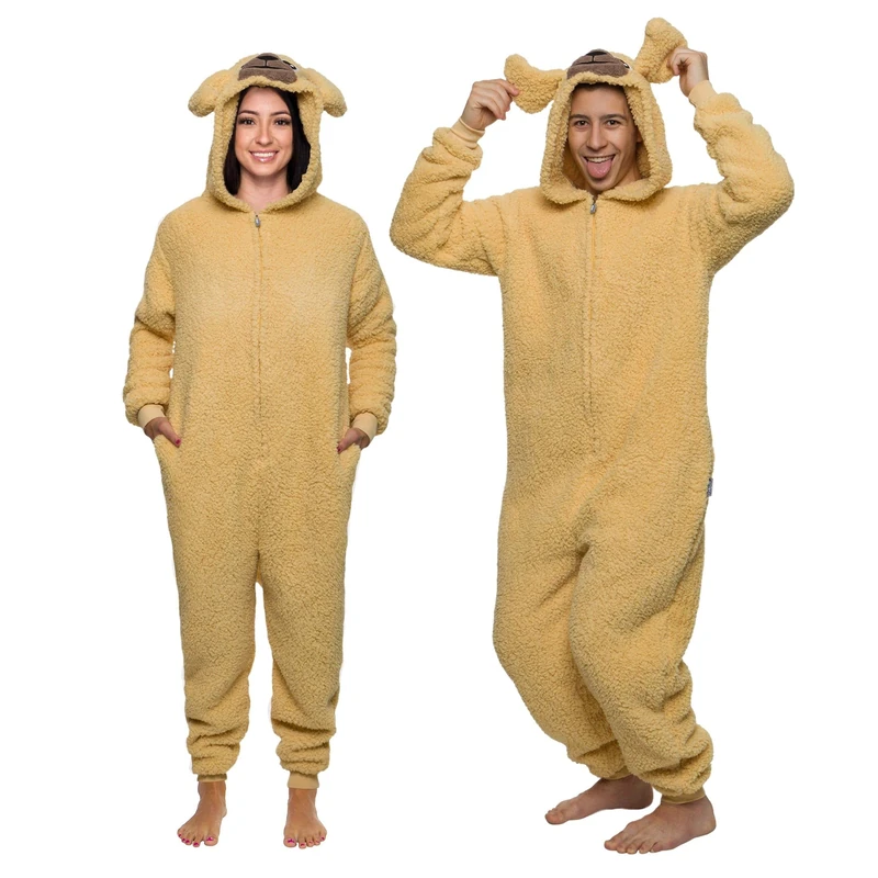 Funziez! Sherpa Golden Retriever Dog Costume Pajamas One Piece Novelty Anime Fluffy Puppy Sleepwear Jumpsuit - Beige - Medium