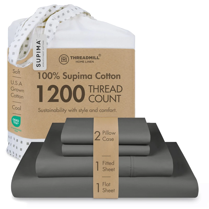 Threadmill 1200TC Supima Cotton Cal King Sheet Set, Sateen, Dark Grey