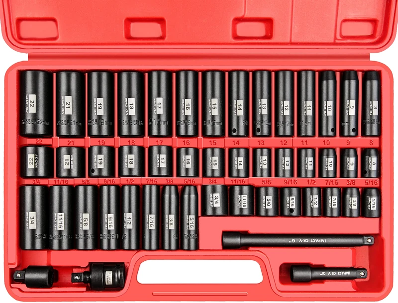 YIYITOOLS 48-Piece 3/8" Drive Impact Socket Set, 48 Piece Standard SAE and Metric Sizes (5/16-Inch to 3/4-Inch and 8-22 mm), 6 Point, Cr-V Steel Socket Set