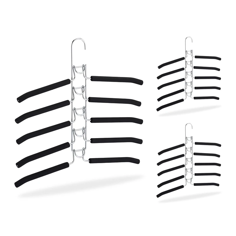 Relaxdays Set of 3 Multi Clothes Hangers, Space Saving, 5 in 1 Rack, Compact & Non-Slip, 39 x 40.5 x 2 cm, Silver/Black