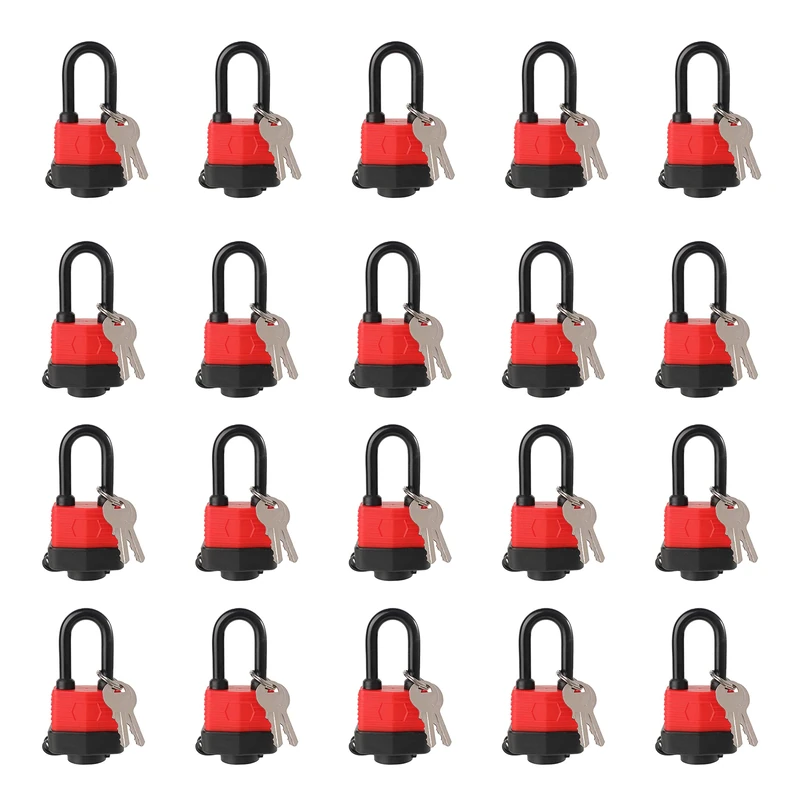 Heavy Duty Covered Laminated Steel Keyed Padlocks, Keyed Alike Locks, Waterproof Padlock for Outdoor use, 1-9/16 inch Wide Body, Long Shackle (Pack of 20)