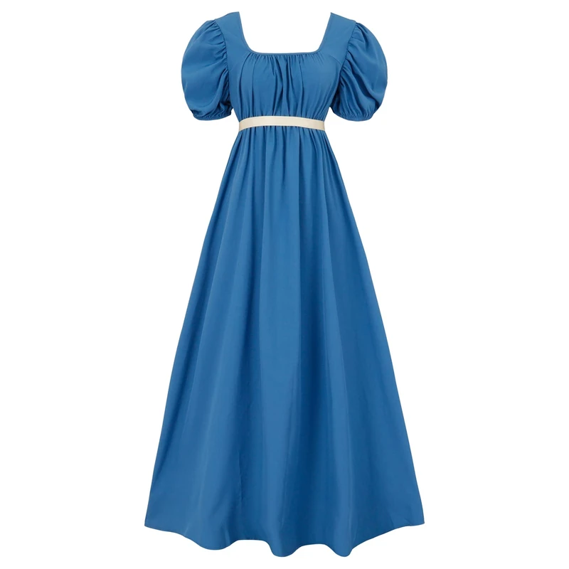 HEQU Regency Dresses for Women with Satin Sash Ruffled Puff Sleeve Empire Waist Dress Gown, Royal Blue, M