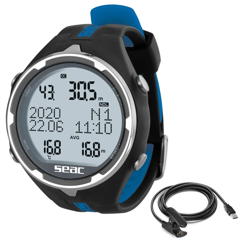 Seac Action, Dive Computer with Scuba and Freediving Mode, Dive Logbook, Dive Planner, Safety Alarms, black/blue + usb