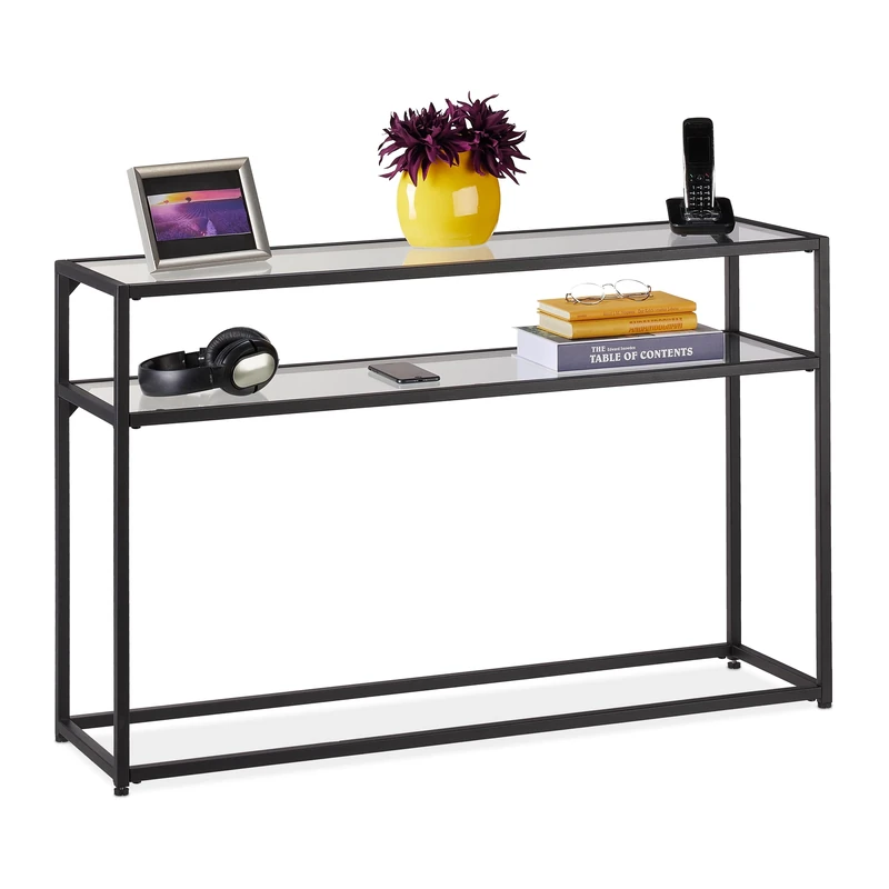 Relaxdays Console Table, 2 Shelves, Hallway & Living Room, Metal, Glass, H x W x D: 70 x 110 x 30 cm, Black