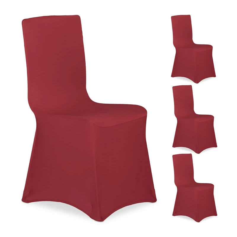 Relaxdays Chair Cover, Set of 4, Universal, Stretchy, Event Decor, Wedding, Celebration, Fabric, Dark Red