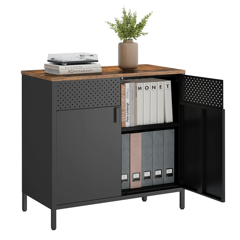 SONGMICS Storage Cabinet, Metal Cabinet with Double Doors, Magnetic Closure, Adjustable Shelf, Steel Frame, Rustic Brown and Black LSC102B01