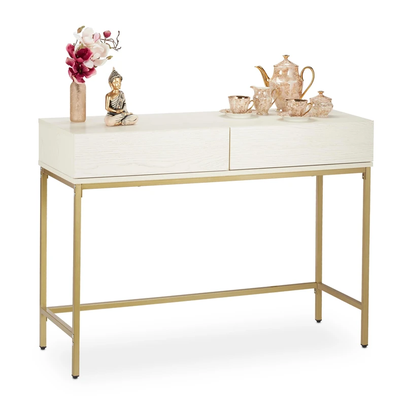 Relaxdays Console Table, 2 Drawers, Wood Optic, H x W x D: 80 x 110 x 40 cm, White/Gold