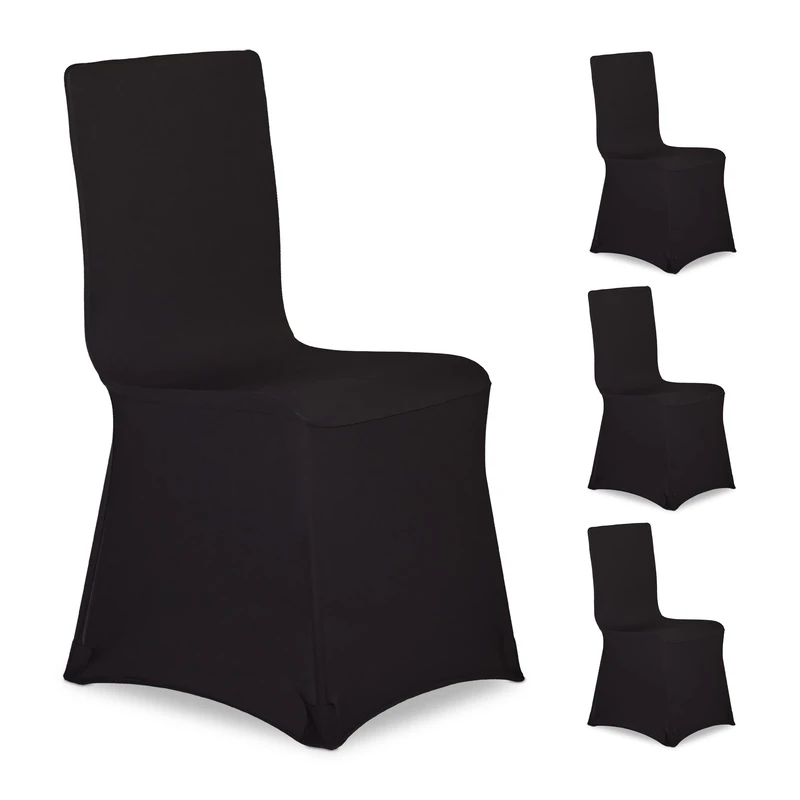 Relaxdays Chair Cover, Set of 4, Universal, Stretchy, Event Decor, Wedding, Celebration, Fabric, Black