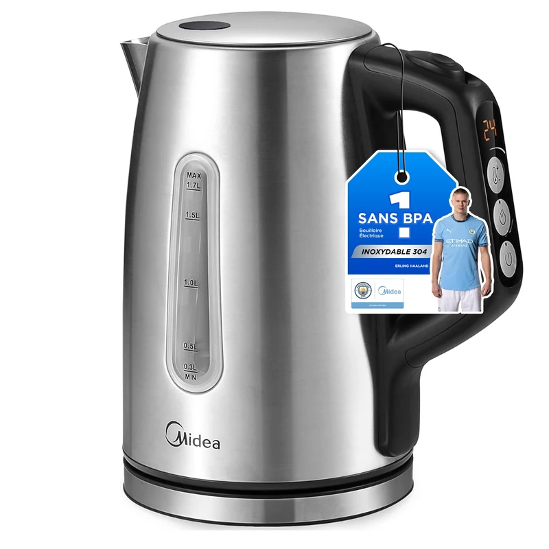 Midea Stainless Steel Kettle 1.7 Litres 2200 W with Display Window, Temperature Selection (40, 60, 70, 80, 90, 100 °C), Heat Preservation Function