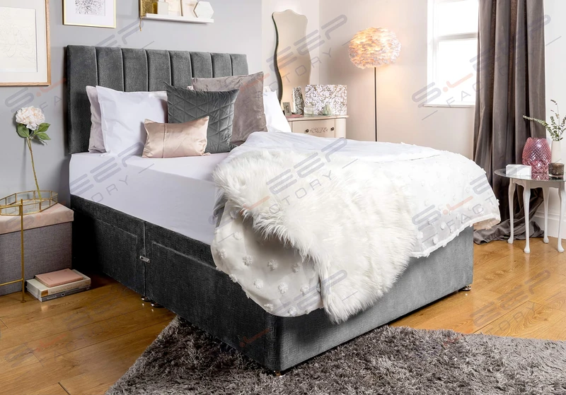 Sleep Factory's Silver Velveto Divan Bed Set & Memory Foam Mattress (6.0FT (Super King), 2 Drawers (Same Side))