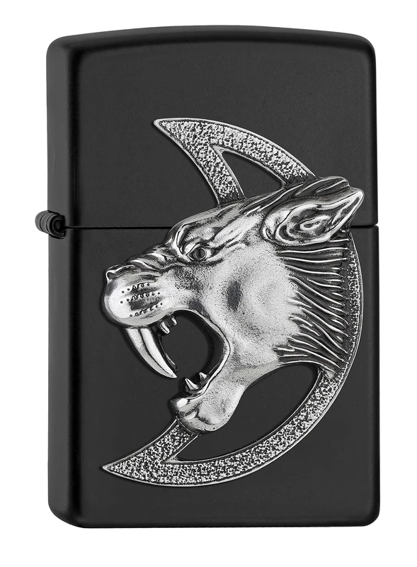 ZIPPO – Black Matte - Sabre-toothed Tiger, Emblem – gasoline Windproof lighter, refillable, in gift box