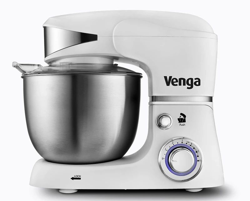 Venga! Stand Mixer, Perfect for Baking Cakes with Balloon Whisk, Flat Beater, Dough Hook and 5 Litre Stainless-Steel Bowl, 1000 W, White, VG M 3014 WH BS