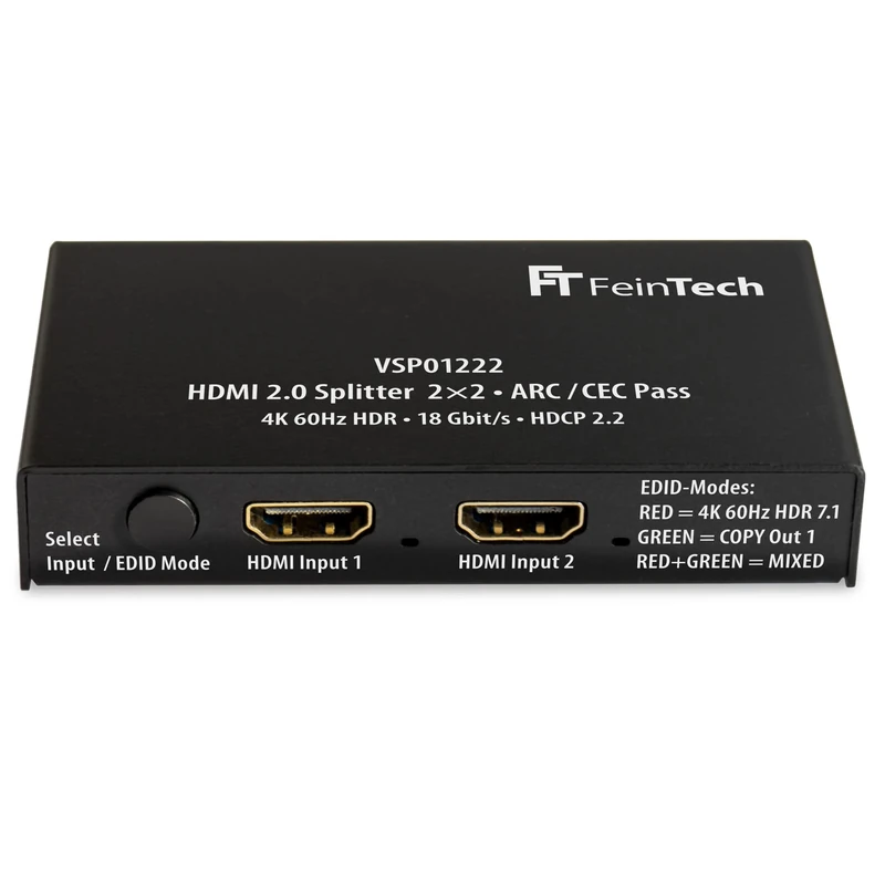 FeinTech VSP01222 HDMI 2.0 Splitter 2 Inputs 2 Outputs Scaler ARC Pass for AV Receiver 4K 60Hz HDR