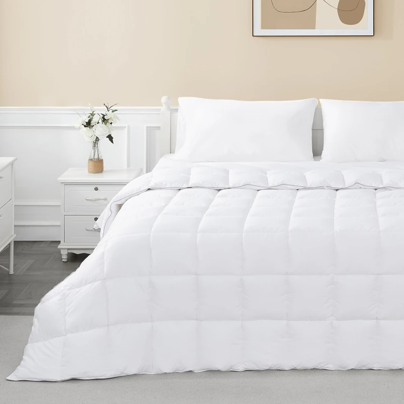 sunflower All-Season Down Alternative Quilted Comforter with 8 Corner Tabs, 300TC Mercerized Cotton King Duvet, Pre-Shrink and Lightweight, Noiseless and Fluffy, Breathable and Hypoallergenic, White