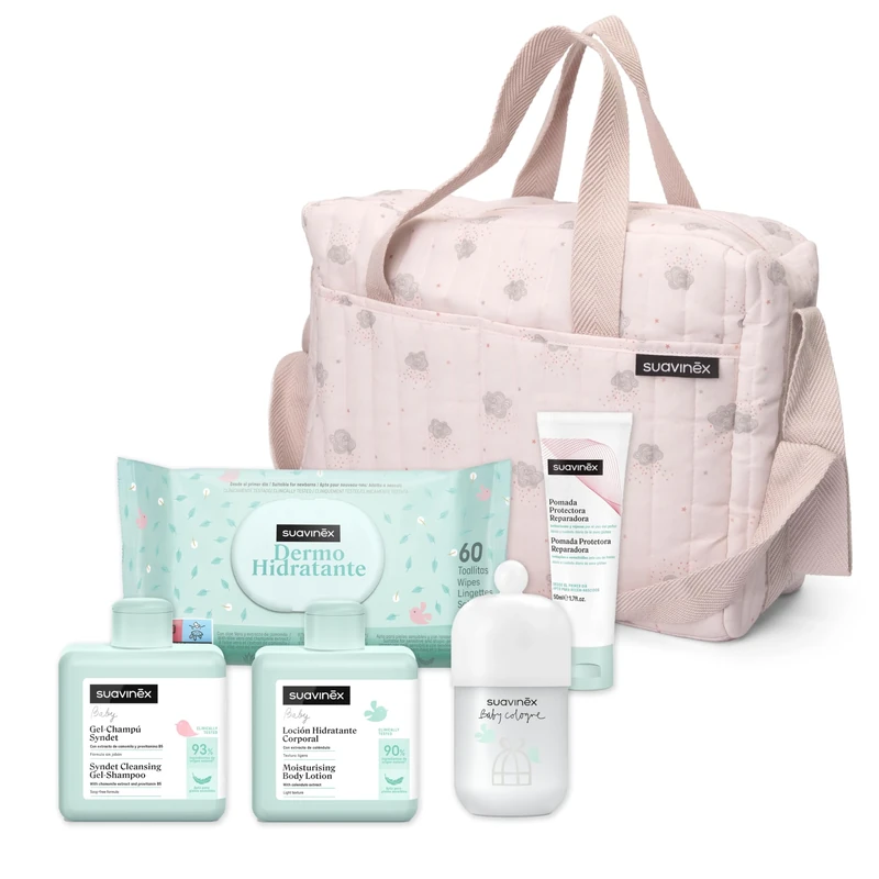 SUAVINEX Suavinex Cosmetic Bag Syndet Gel-Shampoo 300 ml + Moisturising Lotion 300 ml + Intensive Nappy Ointment 75 ml + New Baby Cologne 100 ml + Derma Wipes 72 Ud, 5 Products, Pink