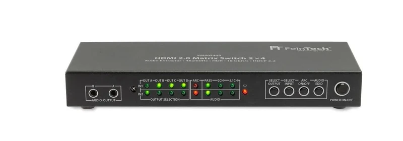 FeinTech VMS02400 HDMI 2.0 Matrix Switch Splitter 2 Inputs 4 Outputs Audio Extractor 4K 60Hz HDR