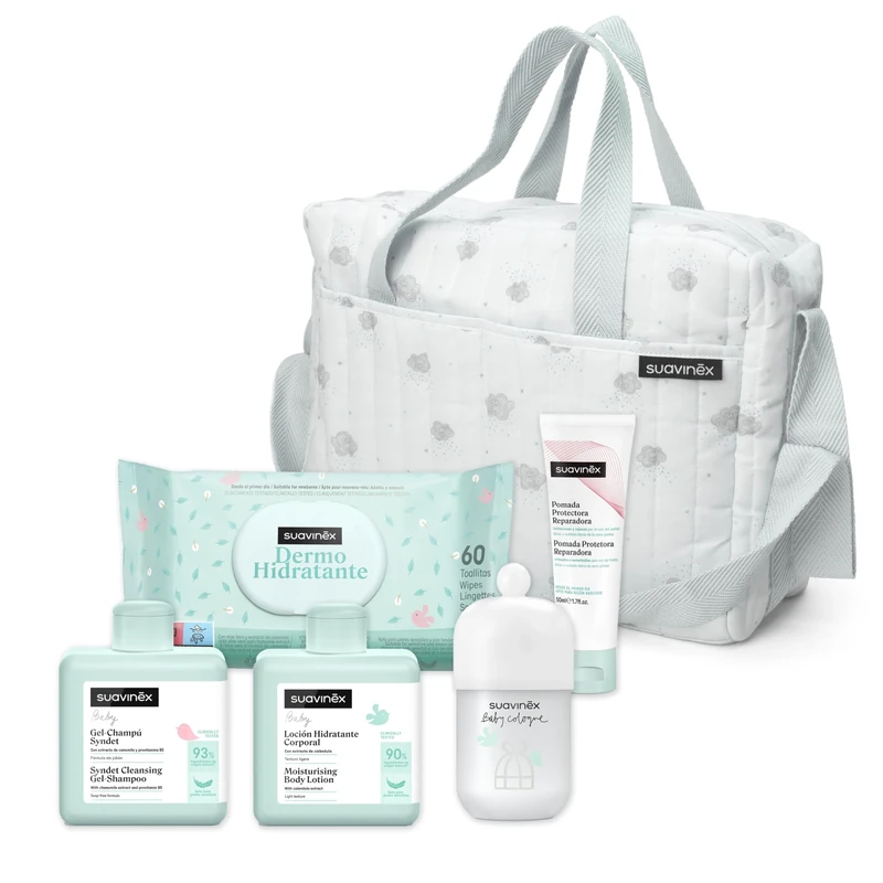 Suavinex, Baby Trolley Bag with Cosmetics: Syndet Shampoo Gel 300 ml + Moisturizing Lotion 300 ml + Diaper Ointment 75 ml + Baby Cologne 100 ml + Wipes 72 Units Mint