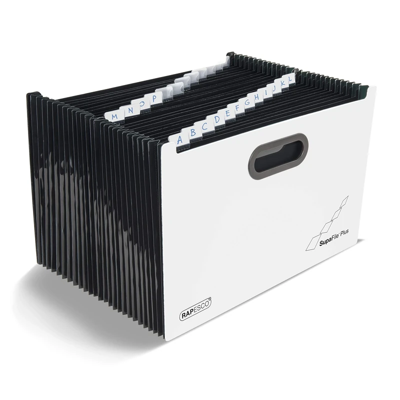 Rapesco 1622 SupaFile Plus 26-Part Desktop Expanding File Organiser Oversized to Fit Files and Folders up to 38.5 cm Wide, A4+, White with Black Dividers