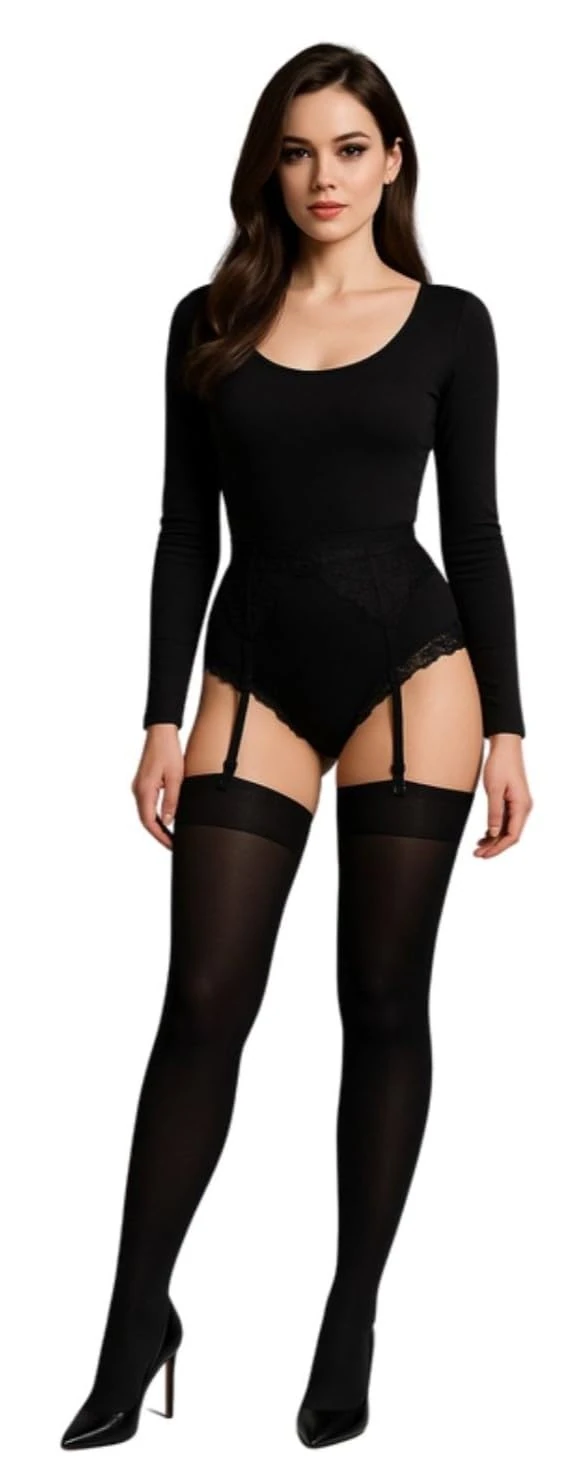 JUST BEAUTY TOUCH 60 Denier Opaque Stockings Plain 12 Colours Size Regular and Plus for Suspender Belt Size S - XXXL (M/L, Black)